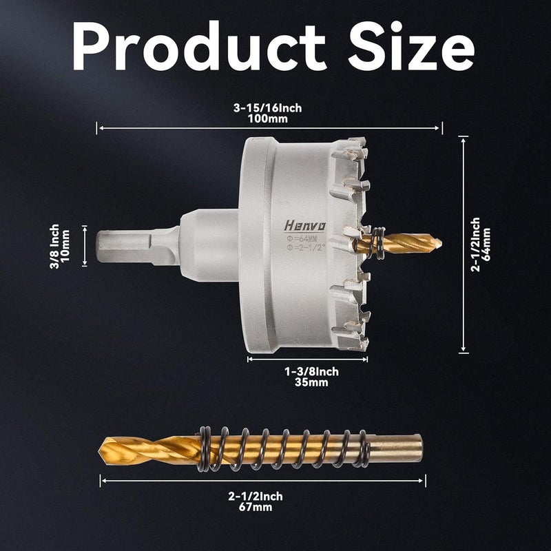 Henvo Hole Saw 2-1/2" (64mm) Heavy Duty Carbide with 2 Pilot Drill Bits - Metal Hole Cutter Cuts Stainless Steel, Iron, Copper, Brass, Plastic - Image 2